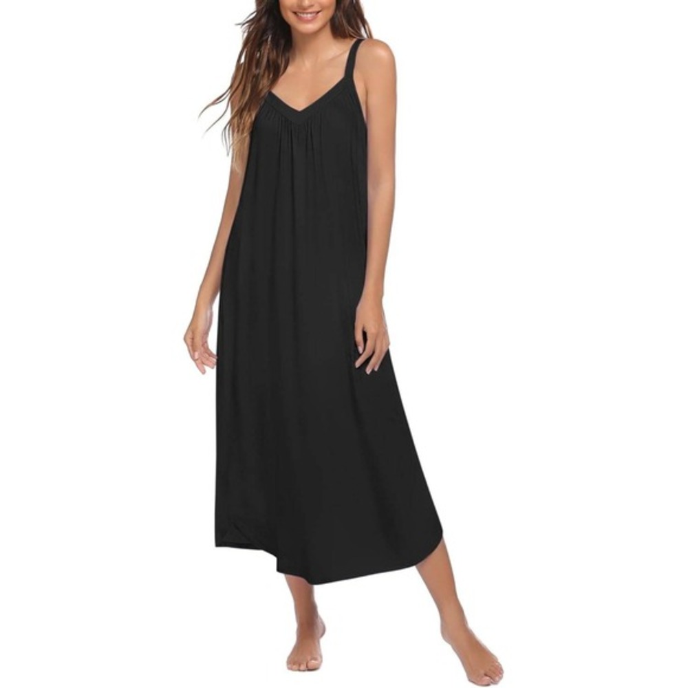 Sleeveless V Neck Maxi Dress Black‎ Casual Summer Beach Cover Up